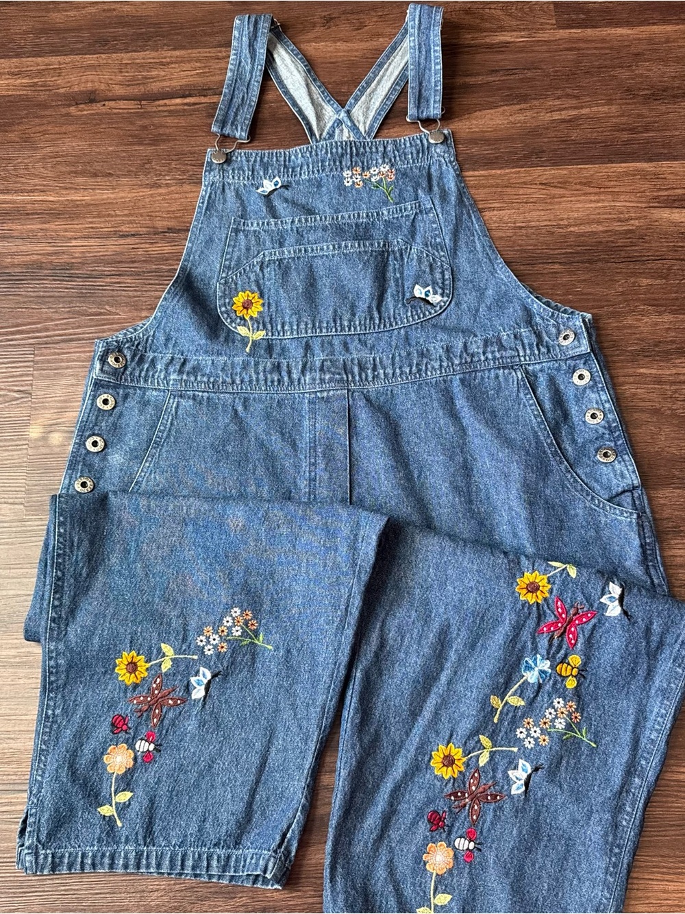 Agapo Overalls Womens Floral Embroidered Denim Blue Size Large Cotton Bib Pants
